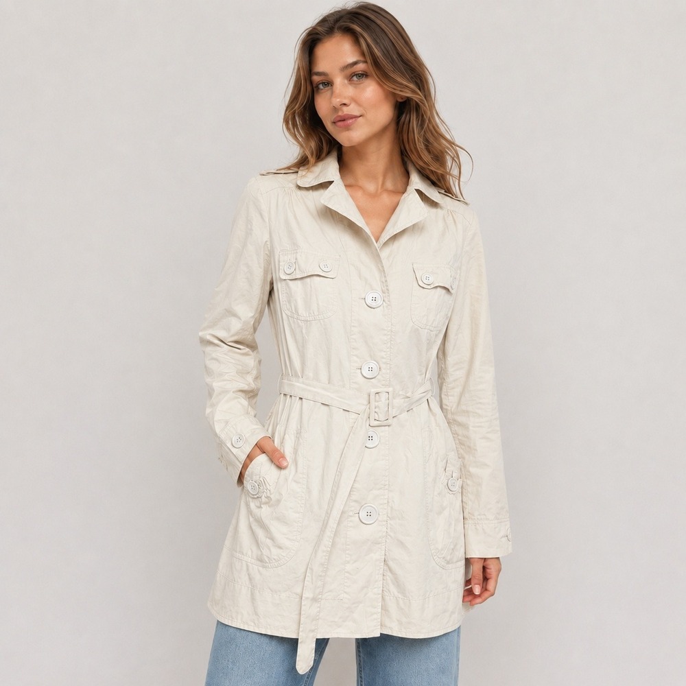 Tout Simplement Womens S Ivory Belted Trench Coat Utility Jacket Lightweight - Picture 1 of 4